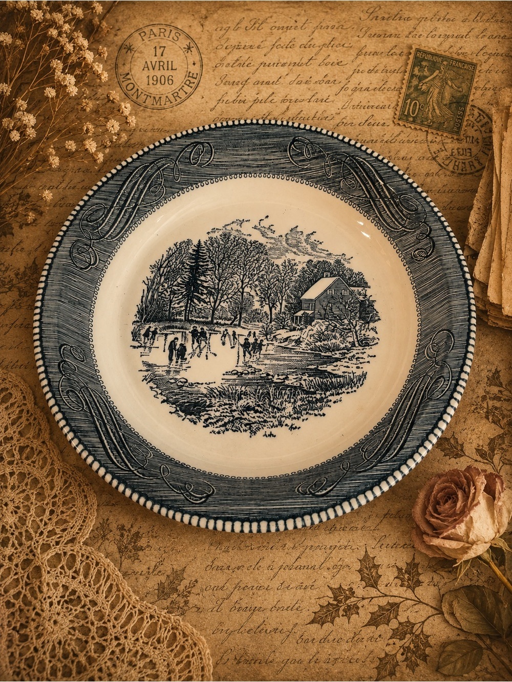 Vintage Jeanette Blue Transferware Soup Bowl Winter Skating Scene Blue
